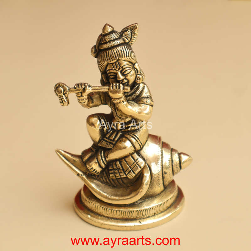 Shankh Krishna Brass Statue Bal Krishna Sitting on Shankh - 4.8 Inch Height