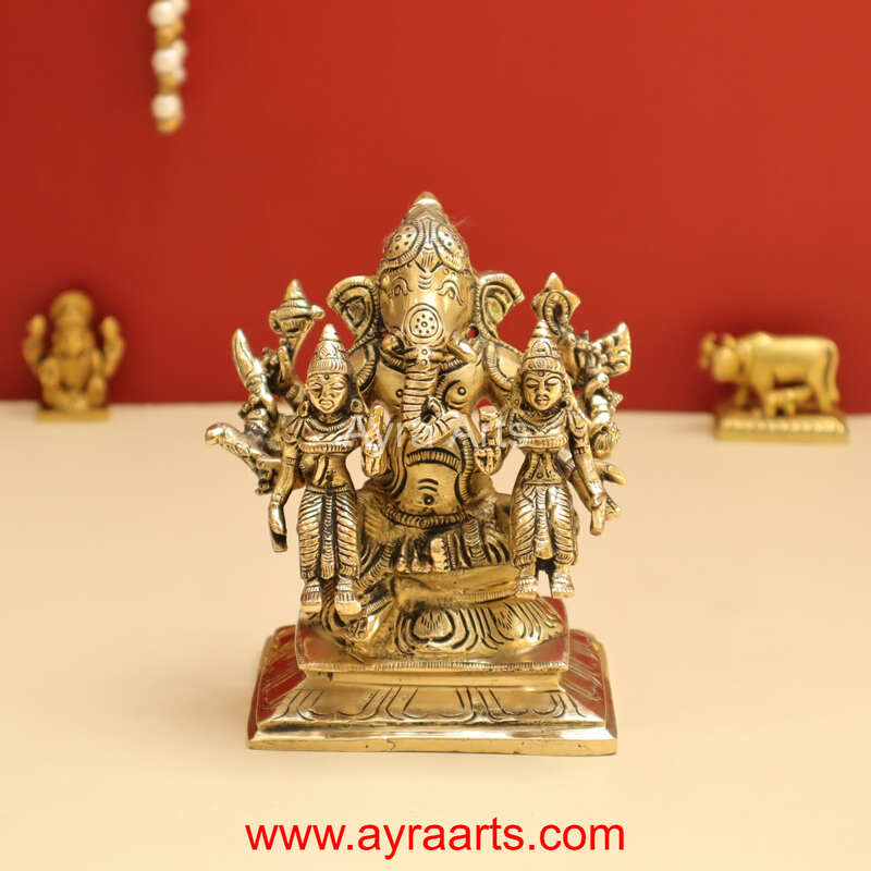 Exotic Brass Ganesh Ji Ganpati Murti with Riddhi Siddhi Idol Statue for Puja - 4.8 Inch Height