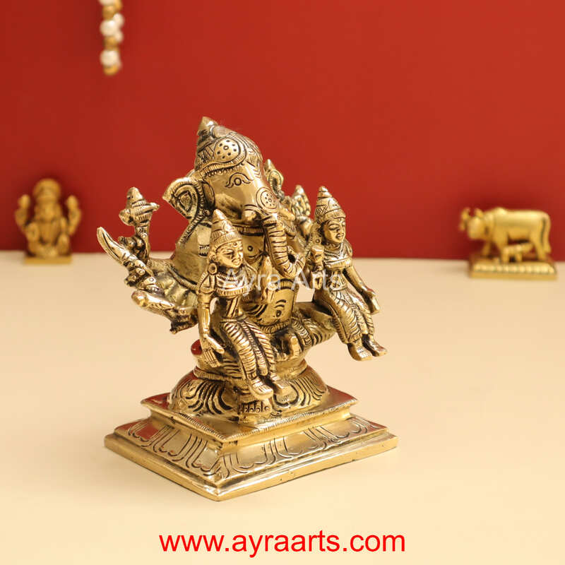 Exotic Brass Ganesh Ji Ganpati Murti with Riddhi Siddhi Idol Statue for Puja - 4.8 Inch Height