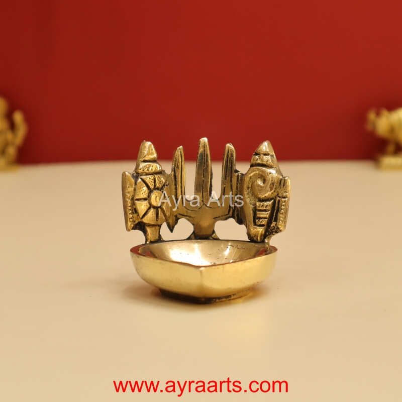 Shankh Chakra Namah Design Brass Deepam - 2 inch Length