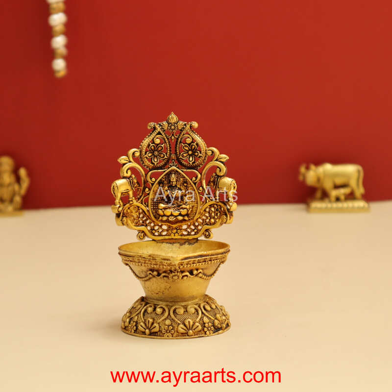 Intricately Carved Premium Brass Lakshmi Deepam - 4 inch Height