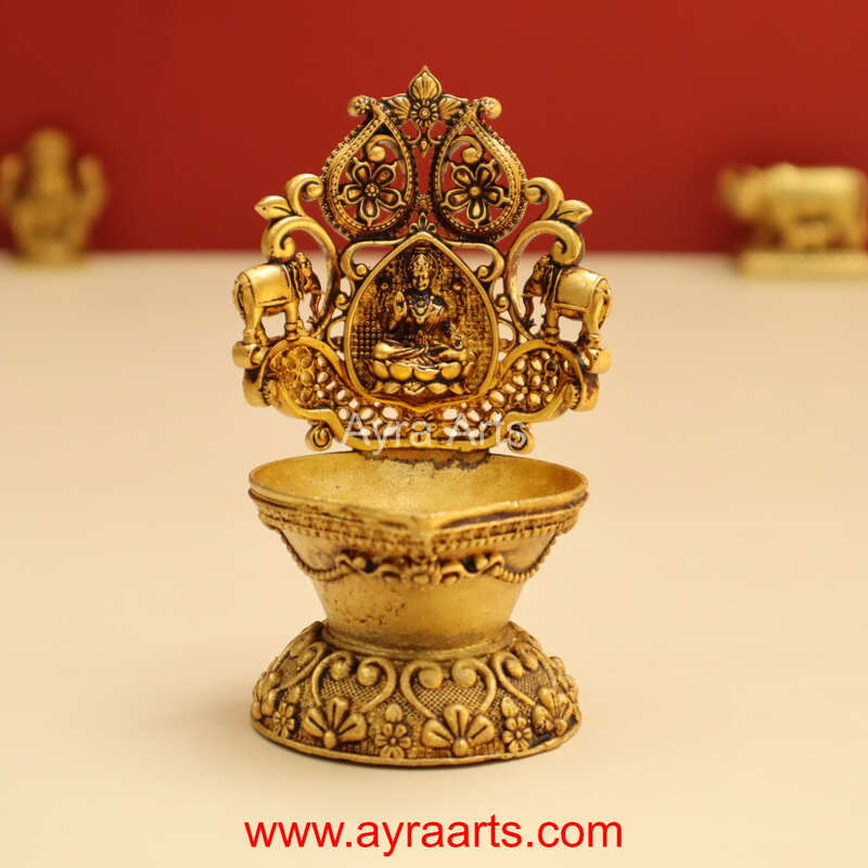 Intricately Carved Premium Brass Lakshmi Deepam - 4 inch Height