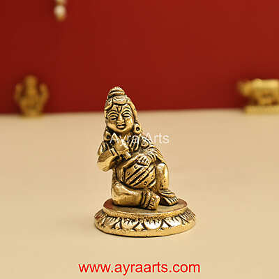 Brass Makhan Chor Matka Small Lord Bala Gopal Krishna Idol - 2.8 Inch Height