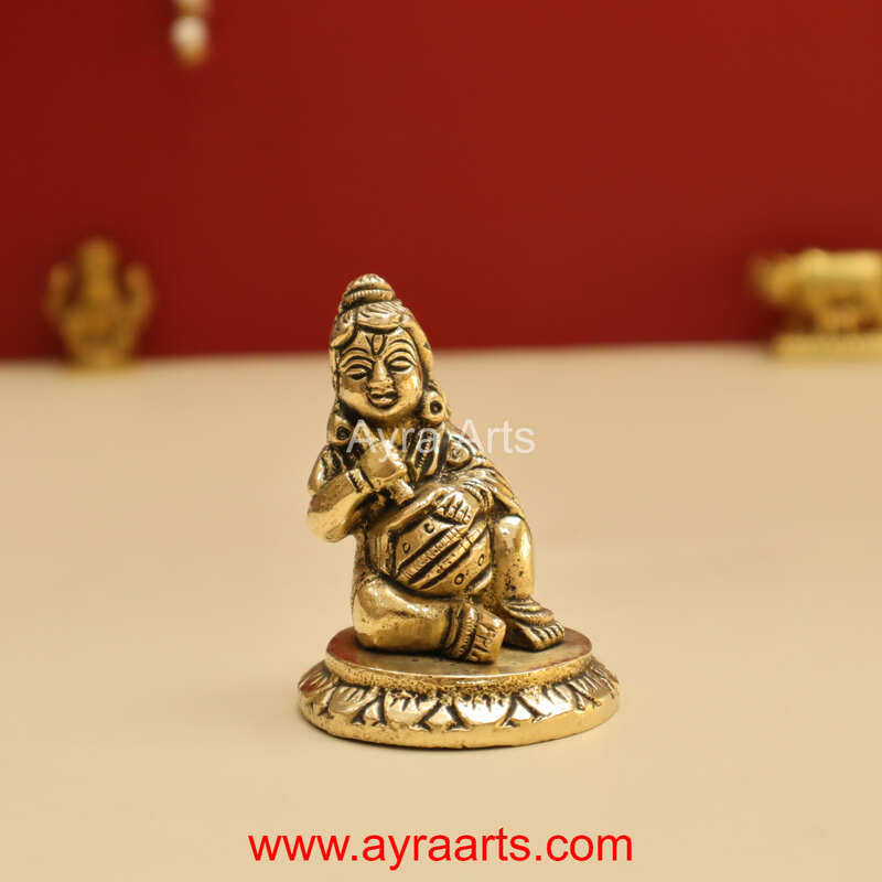 Brass Makhan Chor Matka Small Lord Bala Gopal Krishna Idol - 2.8 Inch Height