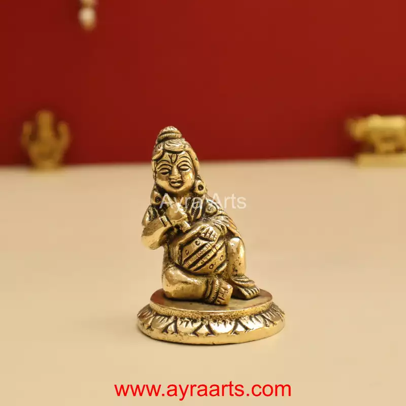 Brass Makhan Chor Matka Small Lord Bala Gopal Krishna Idol - 2.8 Inch Height