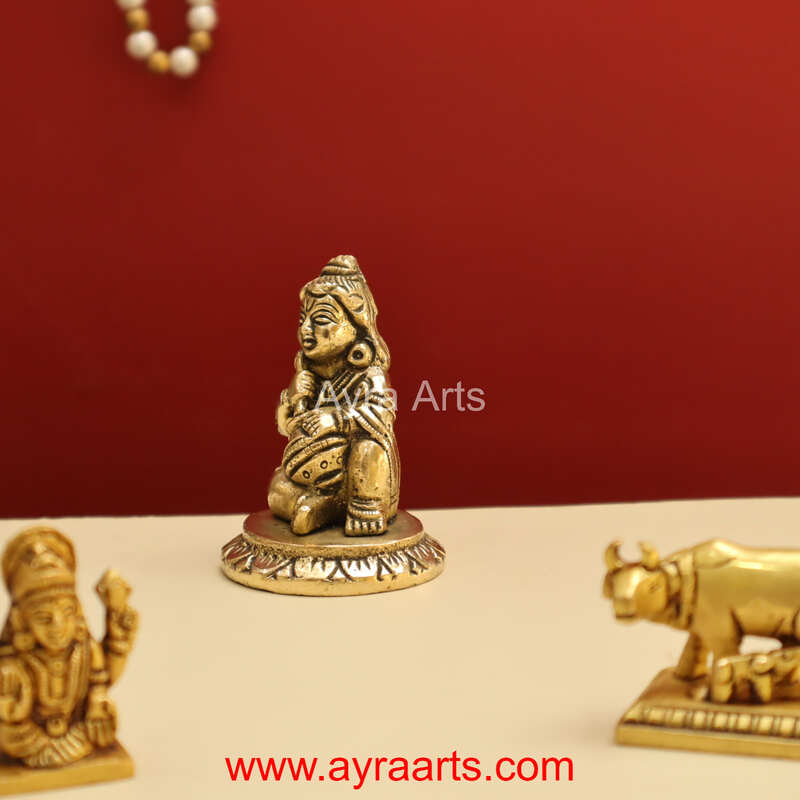 Brass Makhan Chor Matka Small Lord Bala Gopal Krishna Idol - 2.8 Inch Height