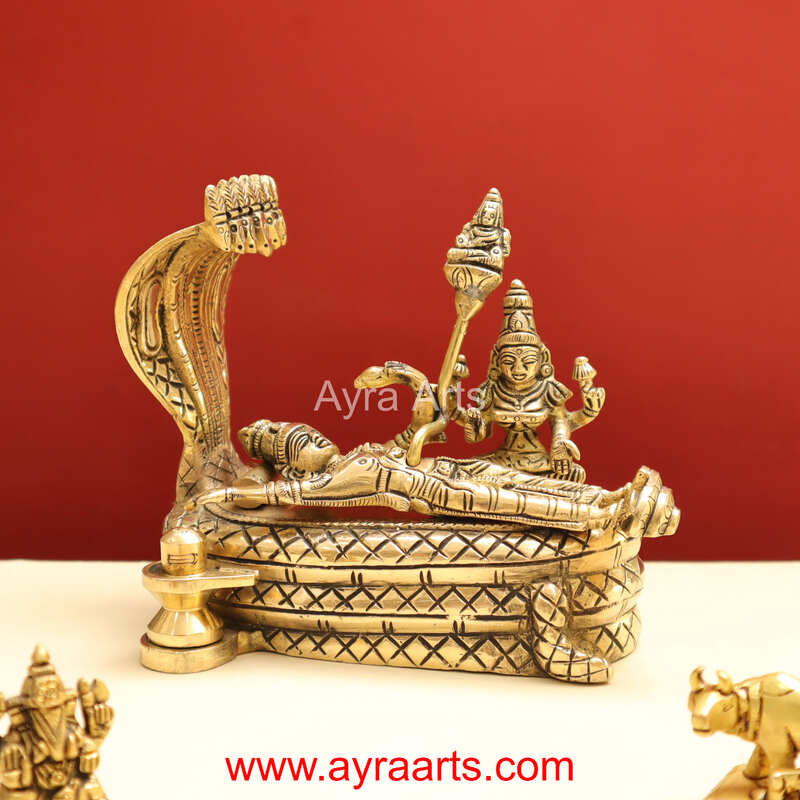 Brass Vishnu Lakshmi On Sheshnag with Shiva Lingam - 5.5 inch Height