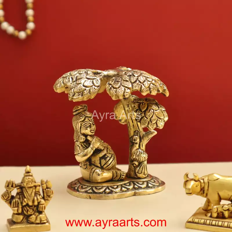 Beautiful Brass Bal Gopal Lord Krishna Under Tree with Matki Idol - 4 Inch Height