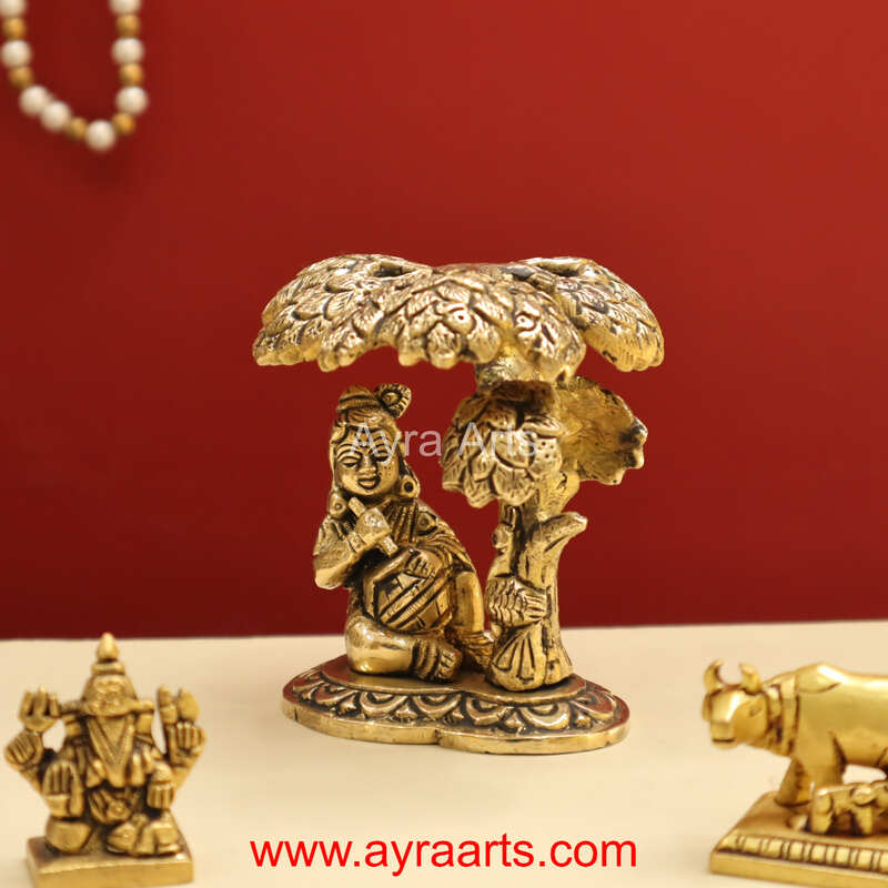 Beautiful Brass Bal Gopal Lord Krishna Under Tree with Matki Idol - 4 Inch Height