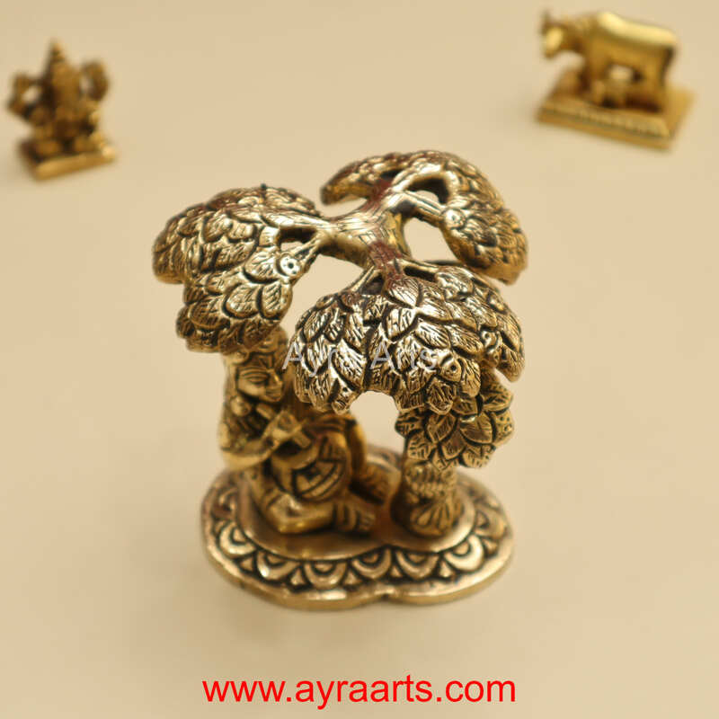 Beautiful Brass Bal Gopal Lord Krishna Under Tree with Matki Idol - 4 Inch Height