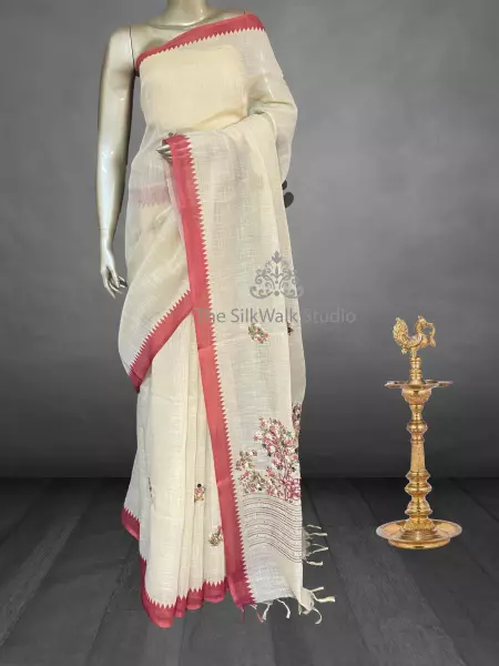 Saanvi White Base – The Linen French Knot Saree (Tree) SWS173