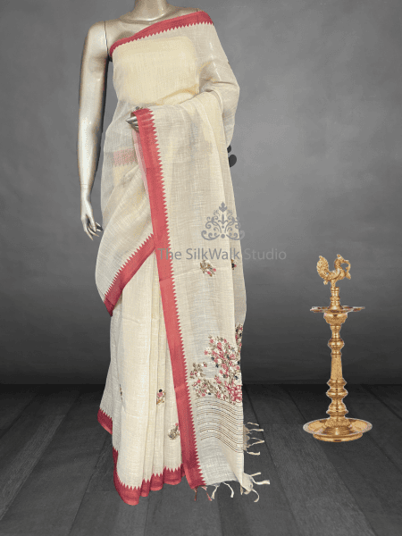 Saanvi White Base – The Linen French Knot Saree (Tree) SWS173