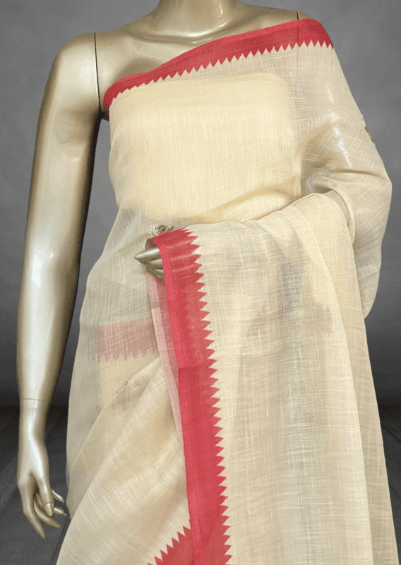 Saanvi White Base – The Linen French Knot Saree (Tree) SWS173