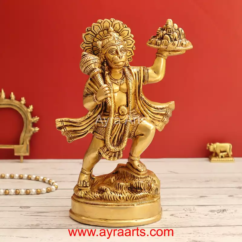 Brass Hanuman Ji with Sanjeevani Mountain Idol - 10 inch Height