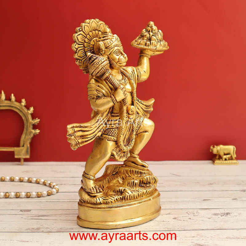 Brass Hanuman Ji with Sanjeevani Mountain Idol - 10 inch Height