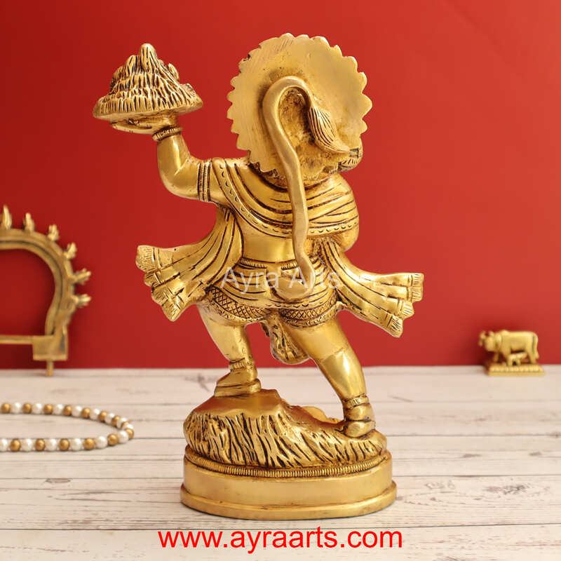 Brass Hanuman Ji with Sanjeevani Mountain Idol - 10 inch Height