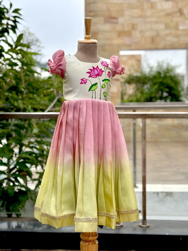 Ivory-blush Lotus Pichwai Handpainted Frock