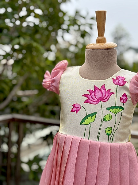Ivory-blush Lotus Pichwai Handpainted Frock