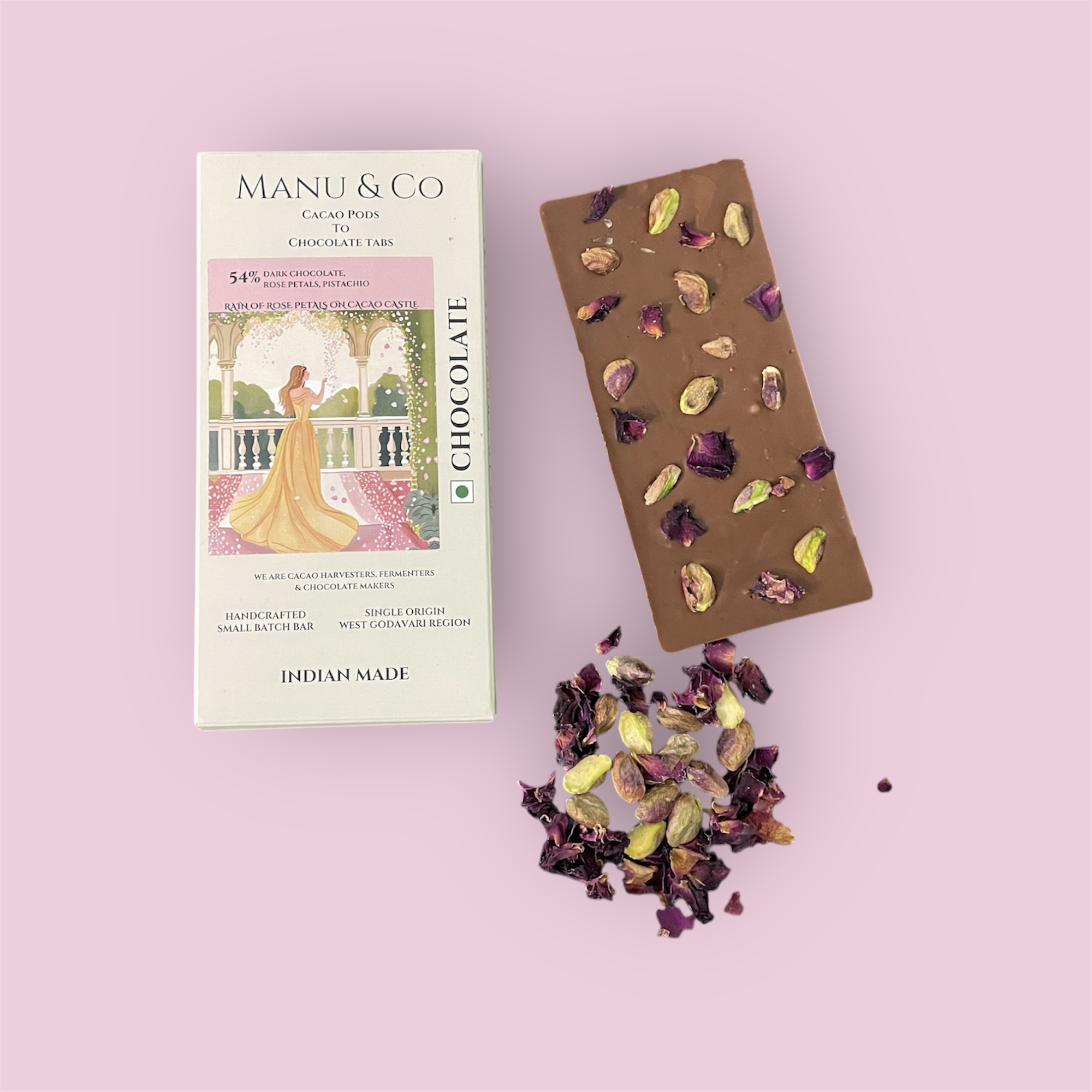 54% Dark Chocolate , Rose Petals & Pistachio