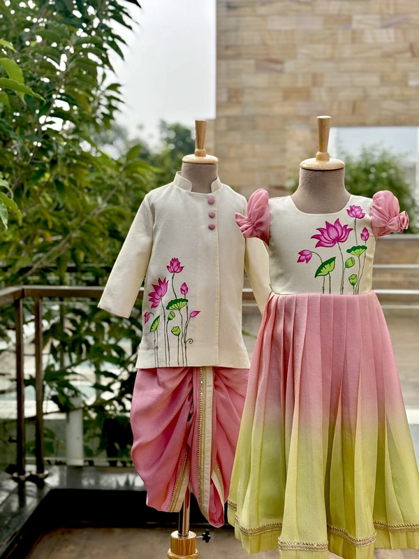 Ivory-blush Lotus Pichwai Handpainted Frock