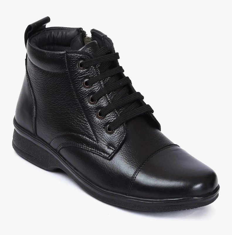 Zoom Shoes Genuine Leather Ankle Boots Black colour | Lace-Up & Zip Design | Cushioned Insole |