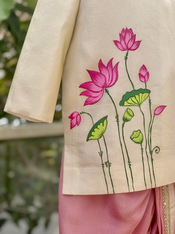 Blush Ivory Lotus Handpainted Dhoti Silk Set