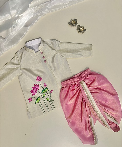 Blush Ivory Lotus Handpainted Dhoti Silk Set