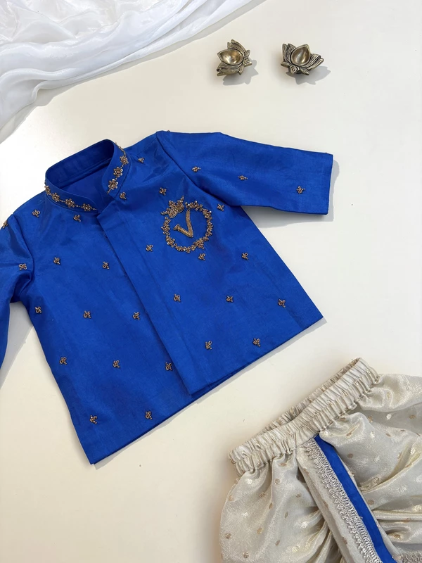 Blue custom alphabet Hand embroidered Tissue Silk Dhoti Set