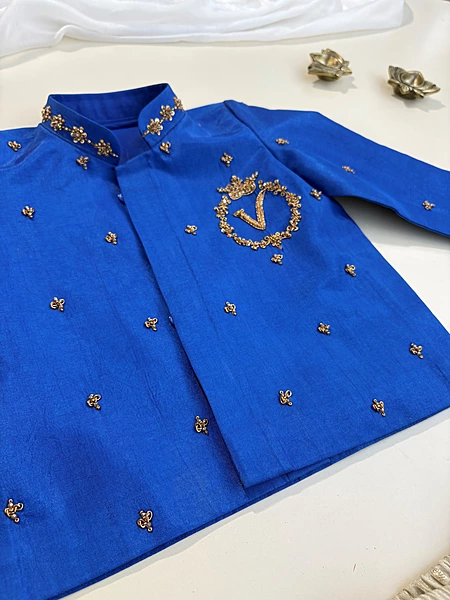 Blue custom alphabet Hand embroidered Tissue Silk Dhoti Set