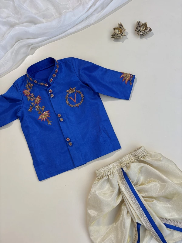 Royal Blue Floral Creeper Hand Embroidered Tissue Silk Dhoti Set