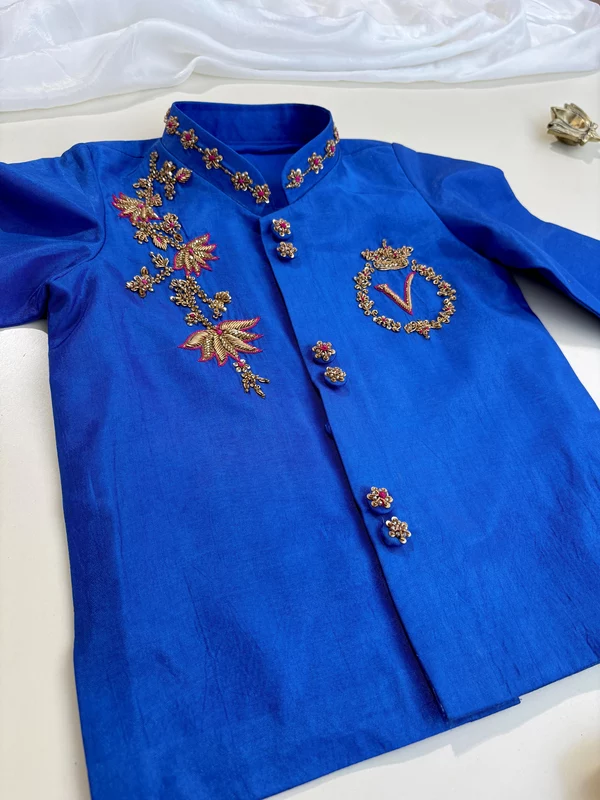 Royal Blue Floral Creeper Hand Embroidered Tissue Silk Dhoti Set
