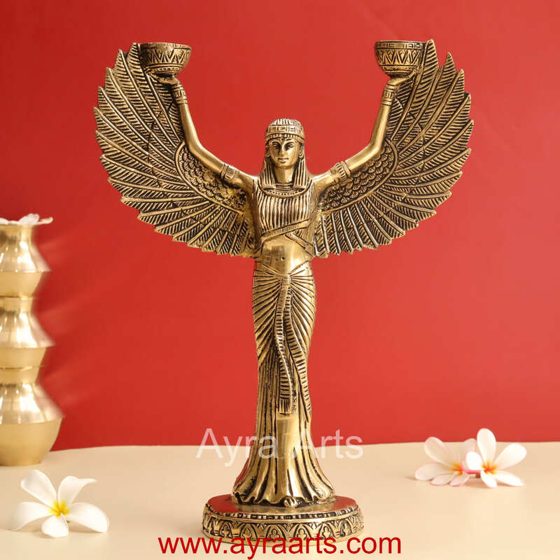 Ancient Egyptian Goddess Isis Wings Candle Stand Brass Statue - 12 Inch Height
