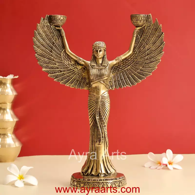 Ancient Egyptian Goddess Isis Wings Candle Stand Brass Statue - 12 Inch Height