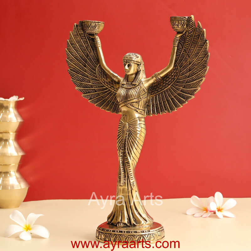 Ancient Egyptian Goddess Isis Wings Candle Stand Brass Statue - 12 Inch Height