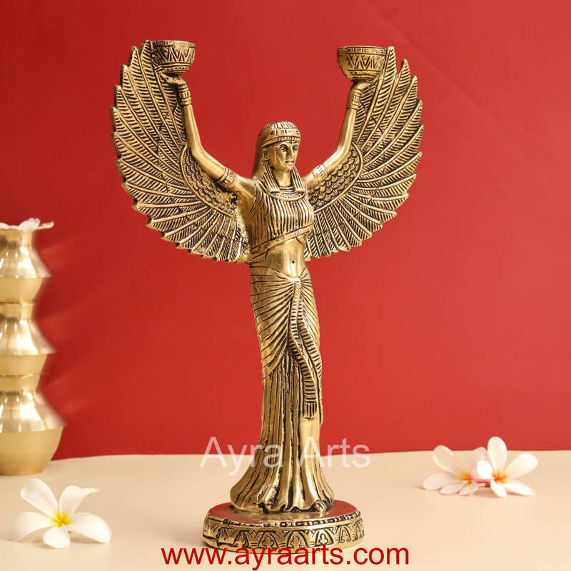Ancient Egyptian Goddess Isis Wings Candle Stand Brass Statue - 12 Inch Height