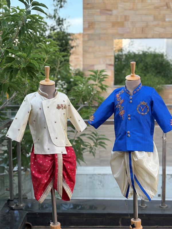 Royal Blue Floral Creeper Hand Embroidered Tissue Silk Dhoti Set