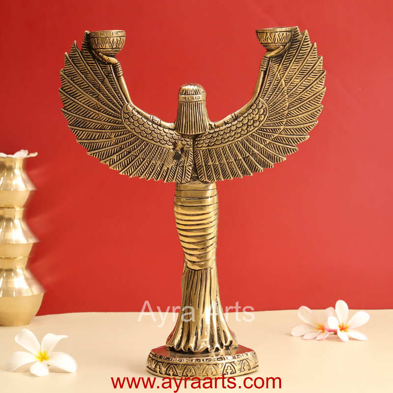 Ancient Egyptian Goddess Isis Wings Candle Stand Brass Statue - 12 Inch Height