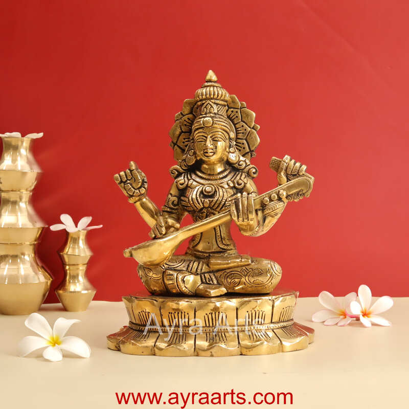 Buy Brass Superfine Goddess Saraswati Sitting on Lotus - 11 Inch Height