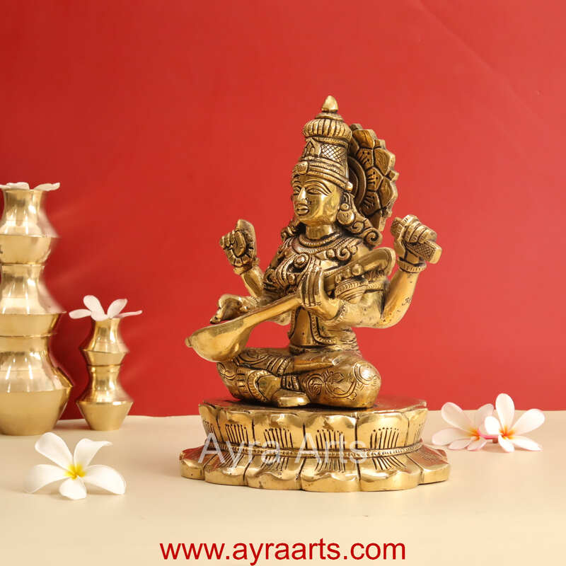 Buy Brass Superfine Goddess Saraswati Sitting on Lotus - 11 Inch Height