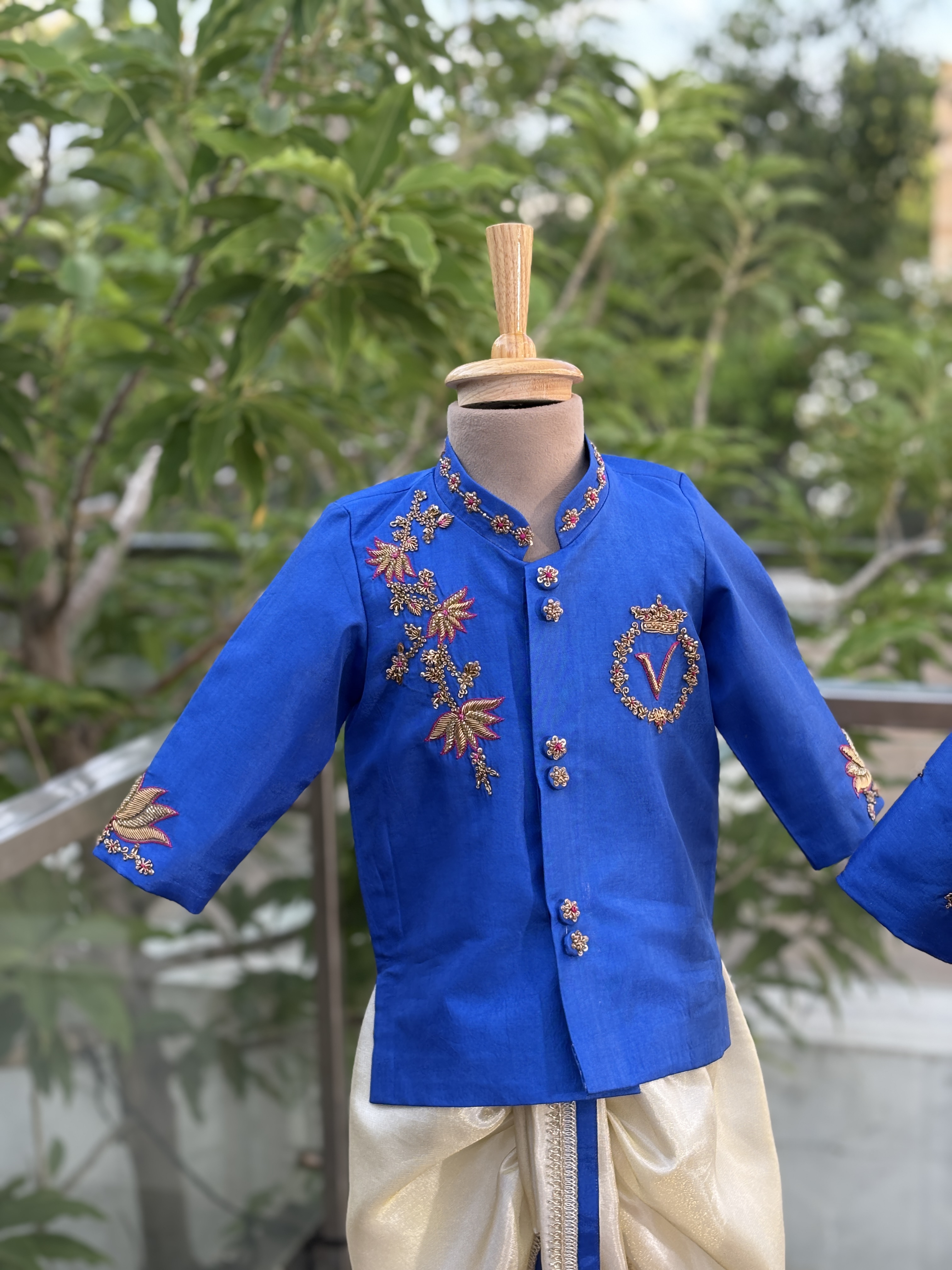 Royal Blue Floral Creeper Hand Embroidered Tissue Silk Dhoti Set