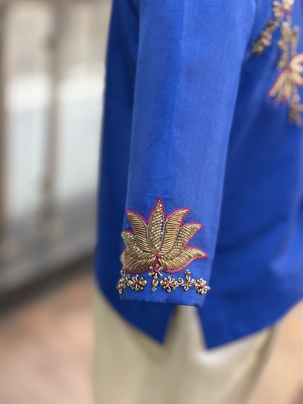Royal Blue Floral Creeper Hand Embroidered Tissue Silk Dhoti Set