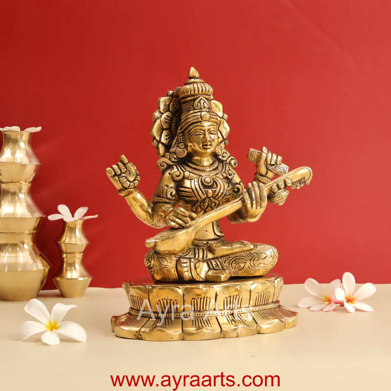 Buy Brass Superfine Goddess Saraswati Sitting on Lotus - 11 Inch Height