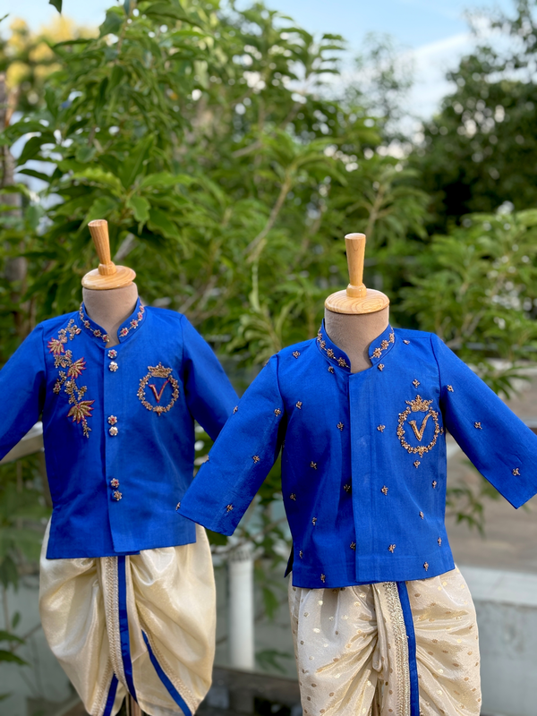 Blue custom alphabet Hand embroidered Tissue Silk Dhoti Set