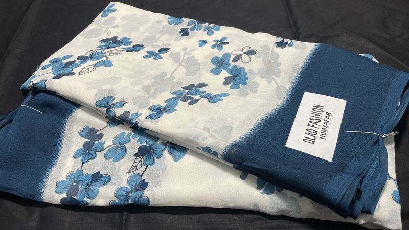 Moss White Base Floral Saree - Sea Blue