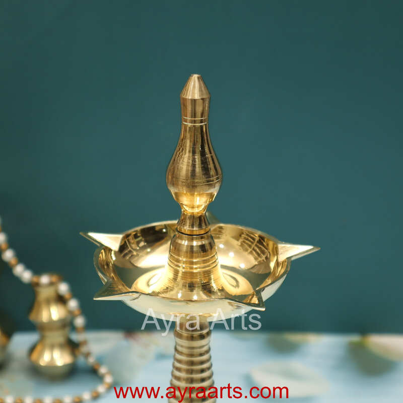 Traditional Brass Kerala Panchmukhi Kalash Deepak | Nilavilakku Oil Lamp with 5 Wicks Standing Puja Diya for Inauguration & Home Temple