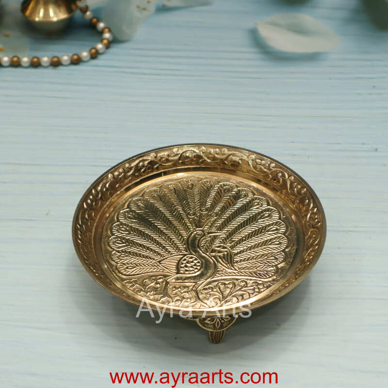 Brass Peacock Design Pin Tray Decorative Pooja Thali for Home & Mandir Decor