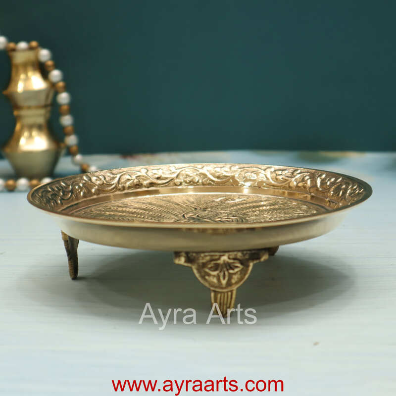 Brass Peacock Design Pin Tray Decorative Pooja Thali for Home & Mandir Decor