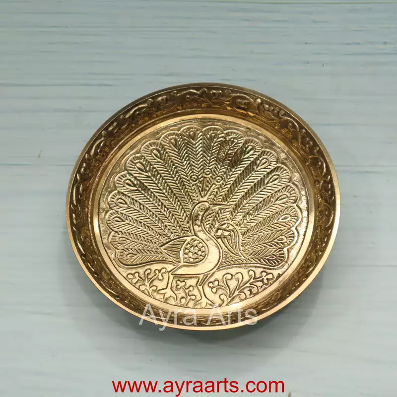 Brass Peacock Design Pin Tray Decorative Pooja Thali for Home & Mandir Decor