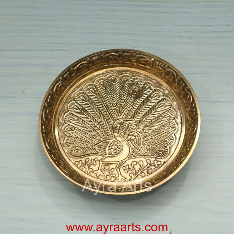 Brass Peacock Design Pin Tray Decorative Pooja Thali for Home & Mandir Decor