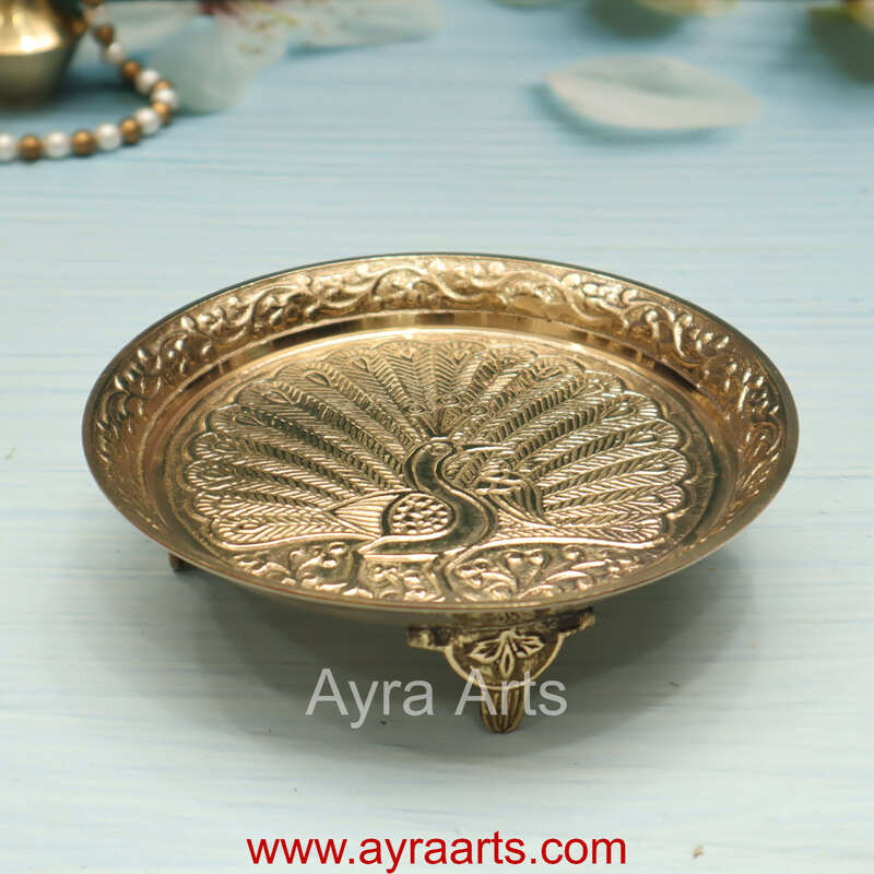 Brass Peacock Design Pin Tray Decorative Pooja Thali for Home & Mandir Decor